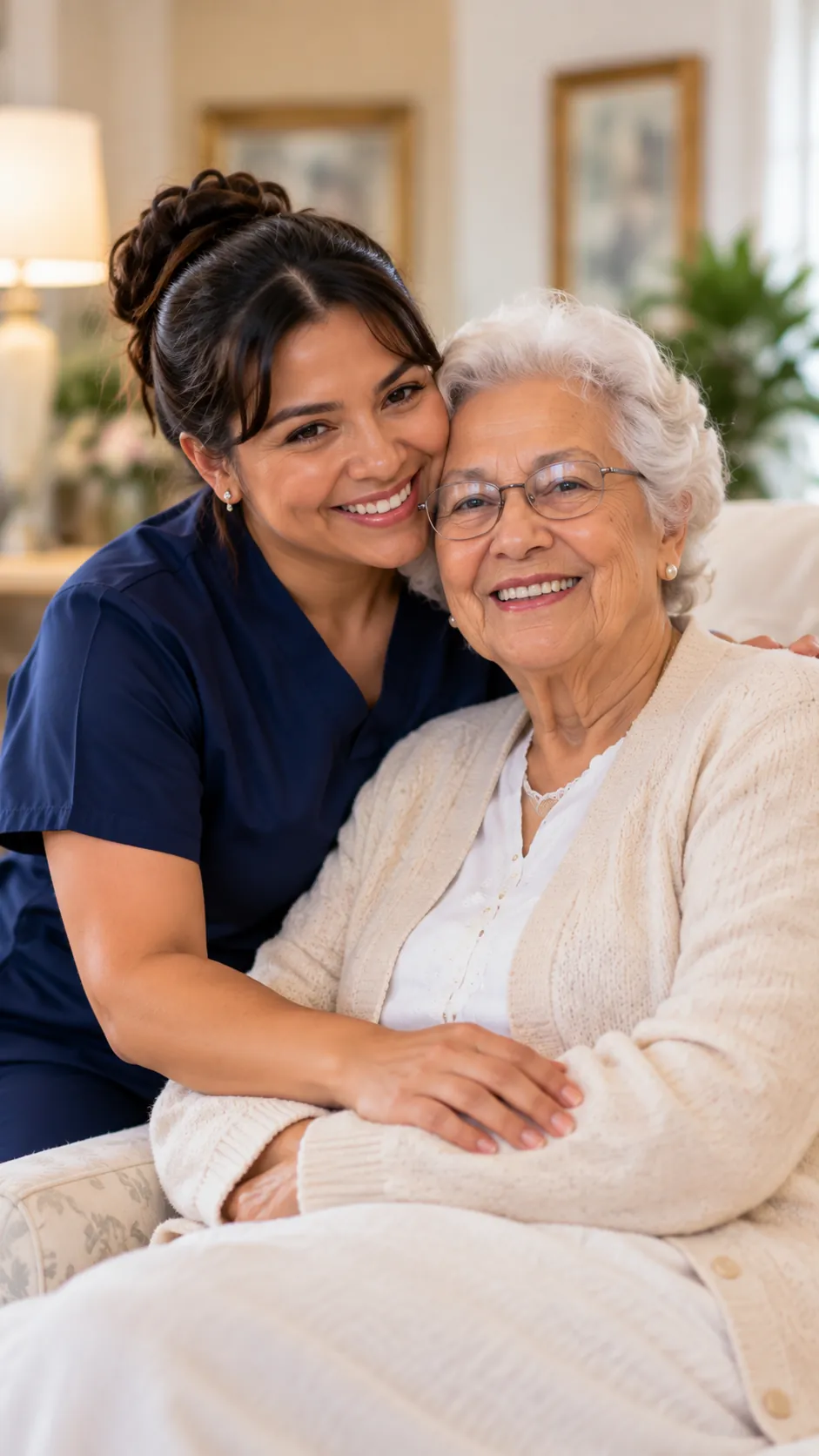 Caregiver warmly hugging an older woman in her living room