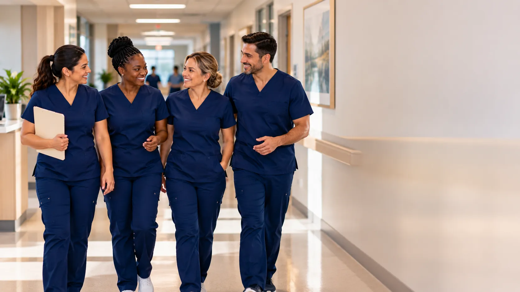 R&D Golden Care nursing team walking down a hospital hallway