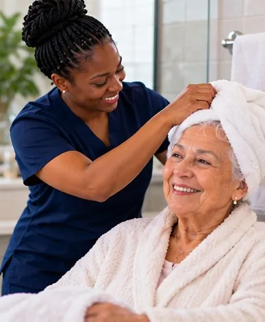 Caregiver drying an older woman’s hair with a towel after her bath