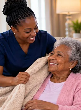 Caregiver wrapping an older woman in a blanket