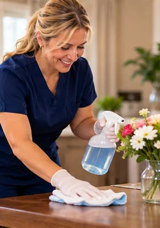 Caregiver cleaning a table in the living room