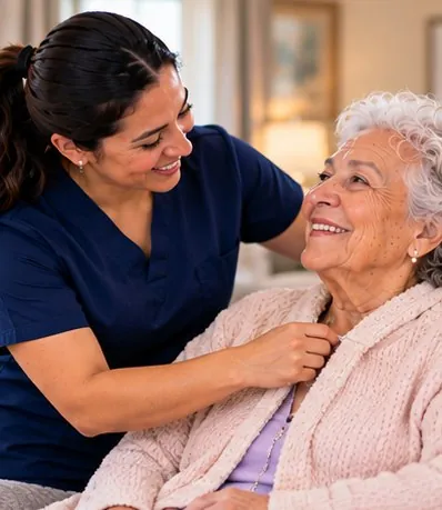Caregiver gently helping a woman button her cardigan