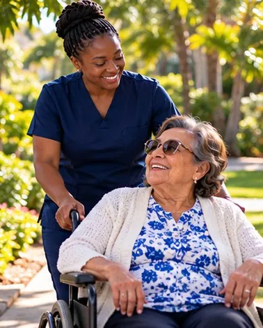 Caregiver walking with a woman in a wheelchair through a garden
