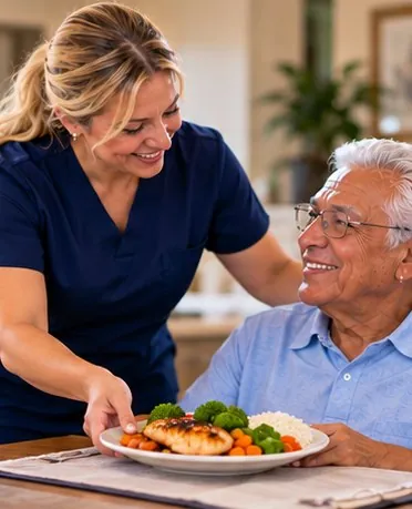 Caregiver serving a meal to an older man