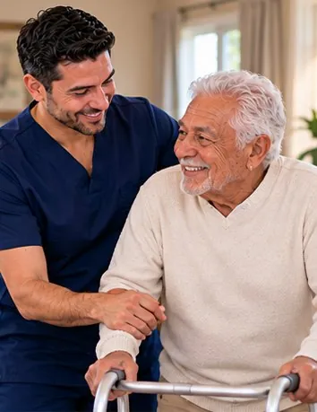 Caregiver helping a man walking with a walker